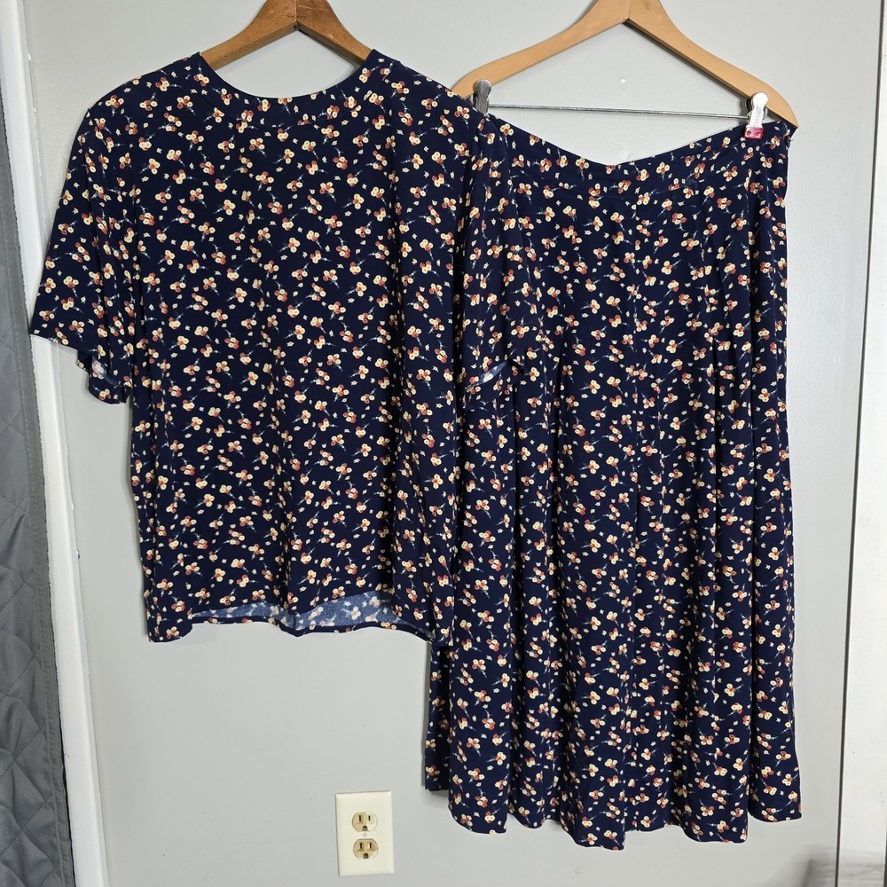 TALBOTS Floral Pleated Top Skirt Set Blue Yellow Garden Party Cottagecore Sz 16